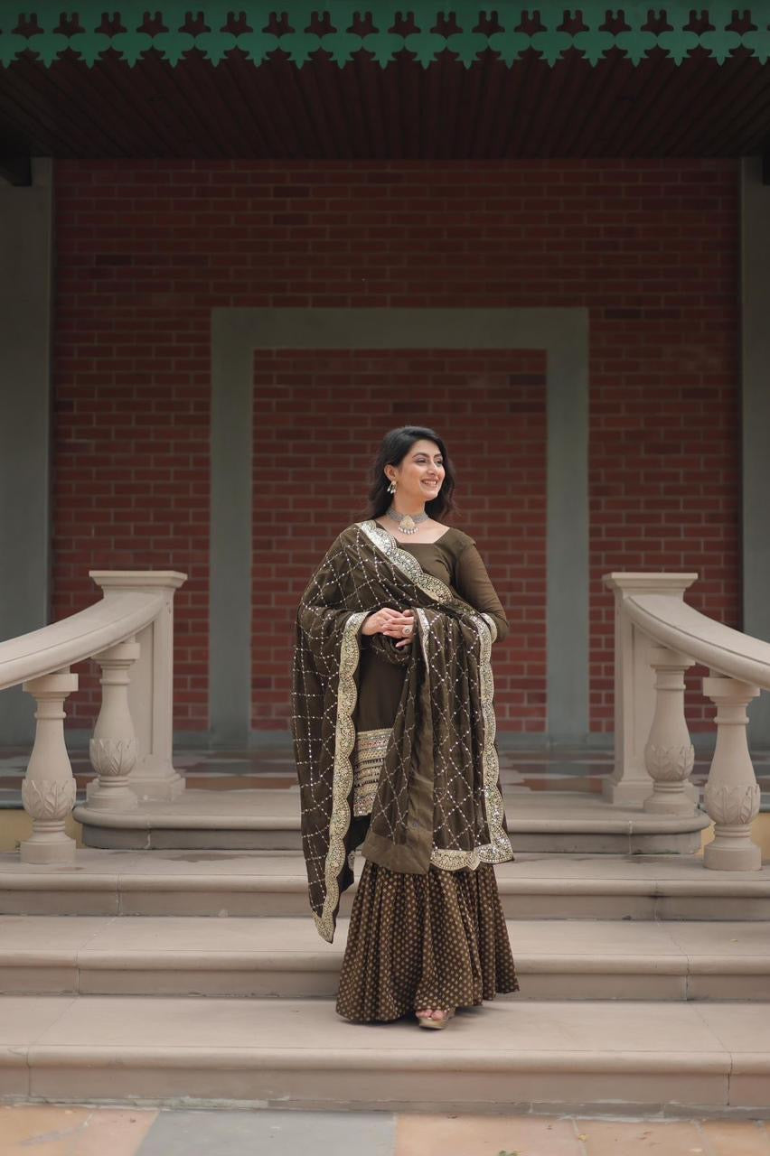 Premium Designer Sharara Set - Faux Georgette Embroidered Kurti with Dupatta