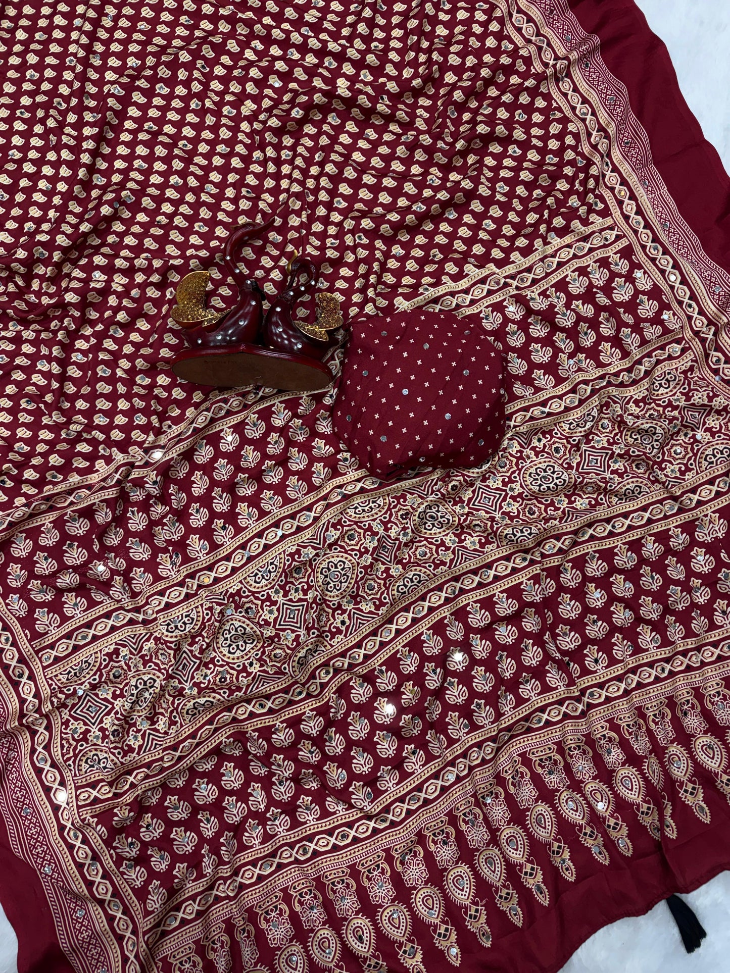 Heritage Ajrakh-print Saree with Tassels