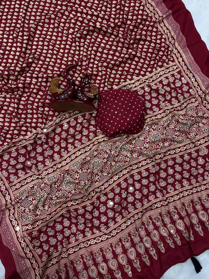 Heritage Ajrakh-print Saree with Tassels