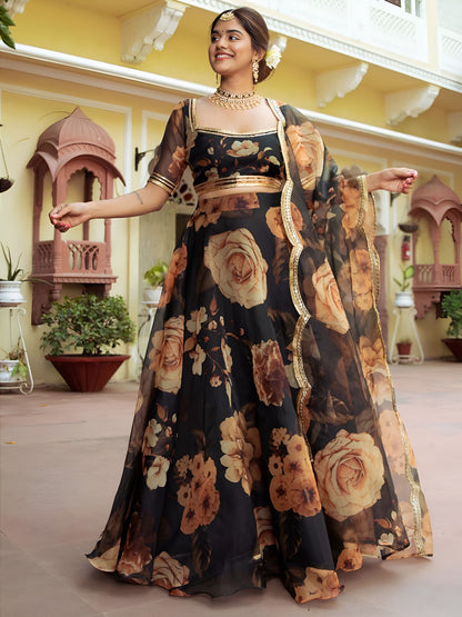 Black Floral Printed Lehenga Choli with Organza Dupatta