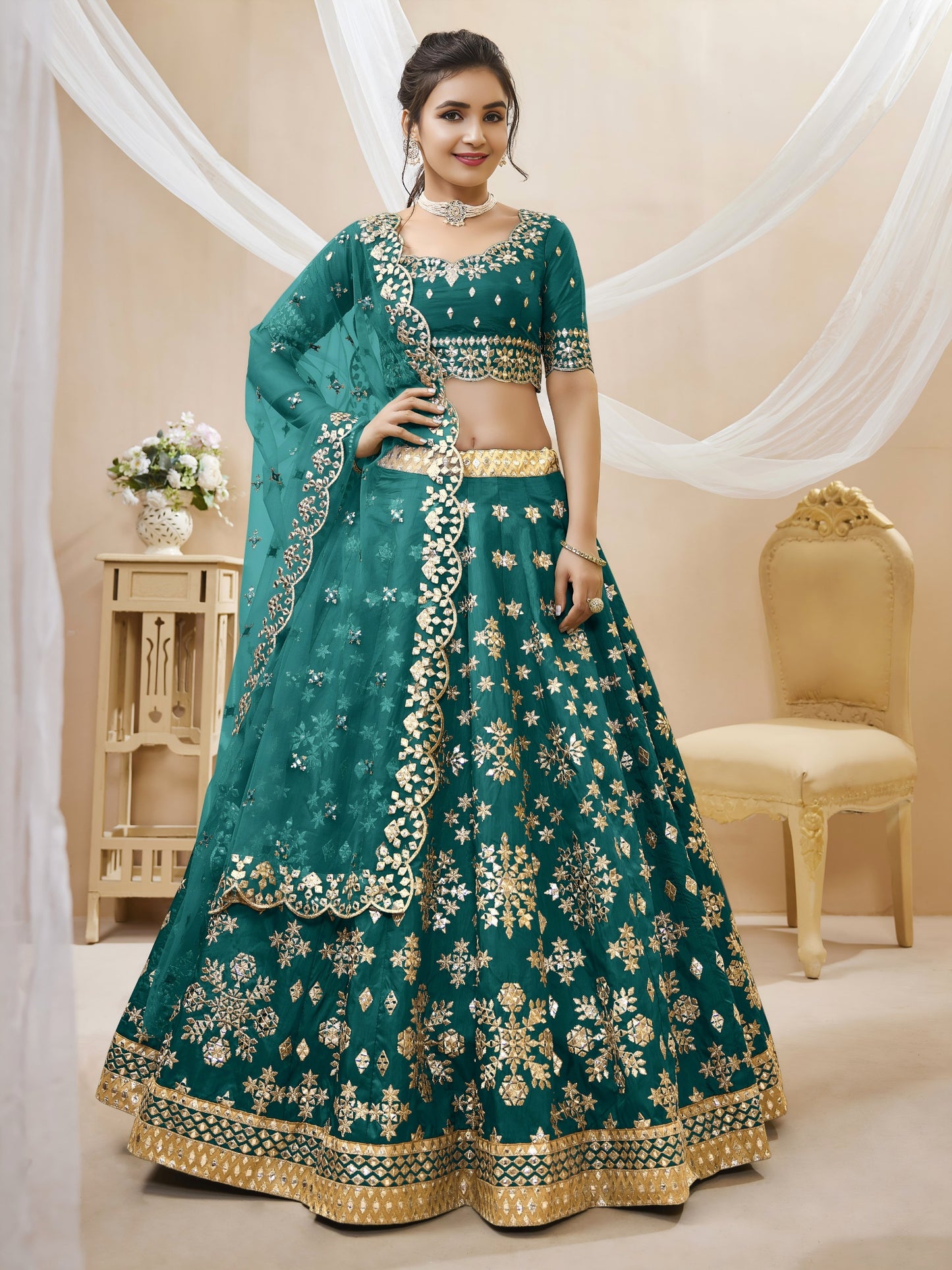 Emerald Green Zari Embroidered Lehenga