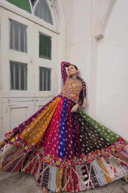 Multi-Color Bandhani & Kutchi Mirror Work Navratri Lehenga Choli