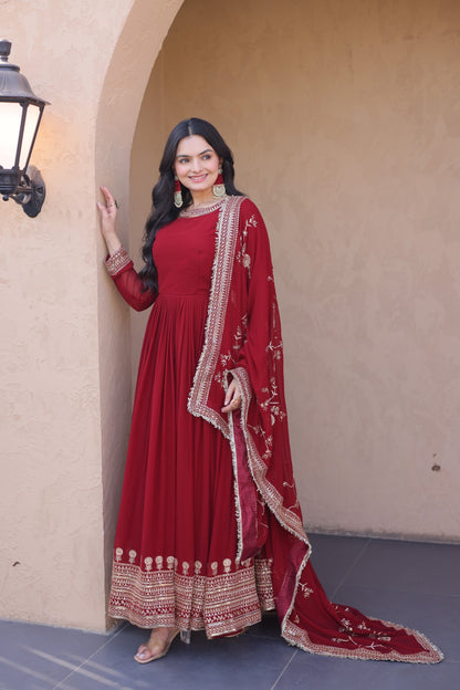 Deep Maroon Georgette Embroidered Festive Anarkali Gown