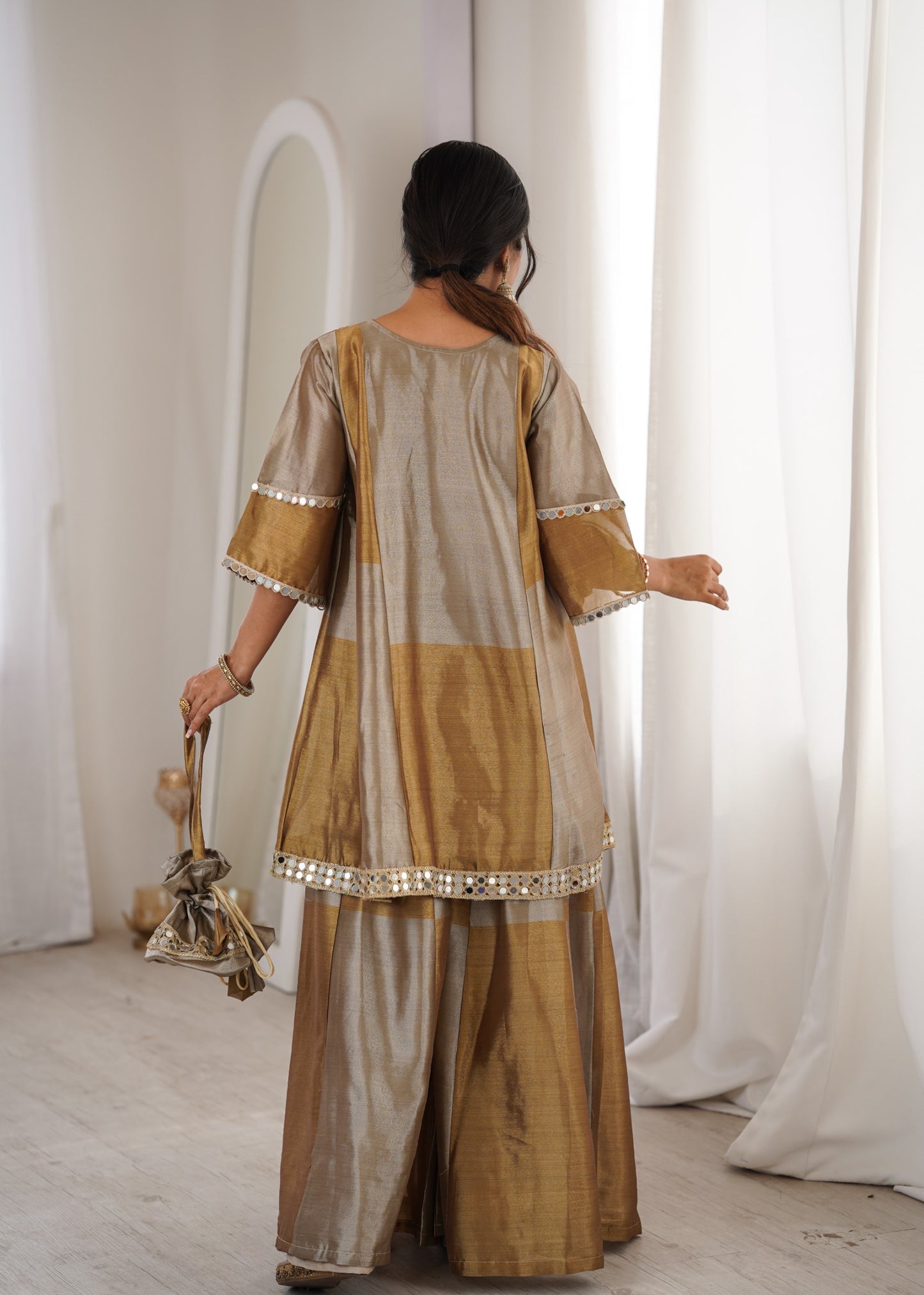 Antique Gold & Ivory Mirror-Work Suit with Batwa