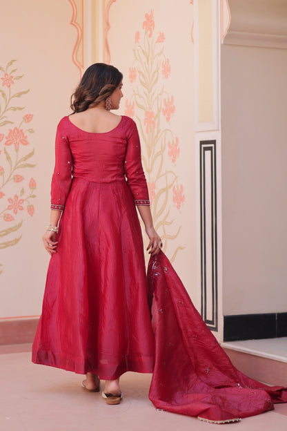 Anarkali Flared Gown with Gold Crush Fabric & Beads Embroidery