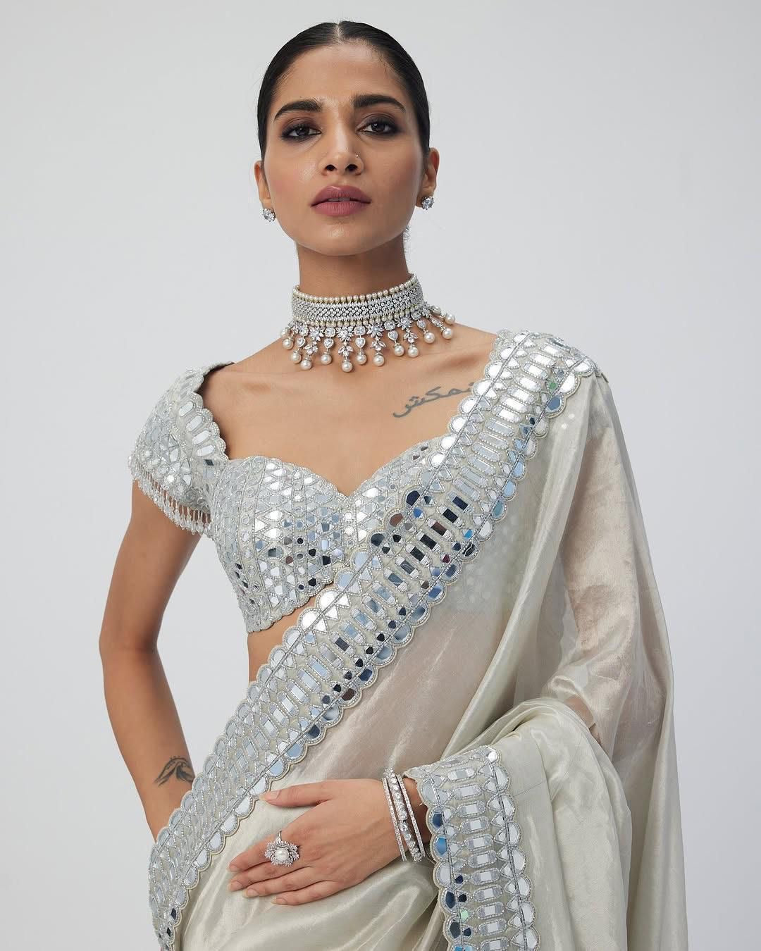 Soft Satin Organza Saree with Real Mirror Work Embroidery