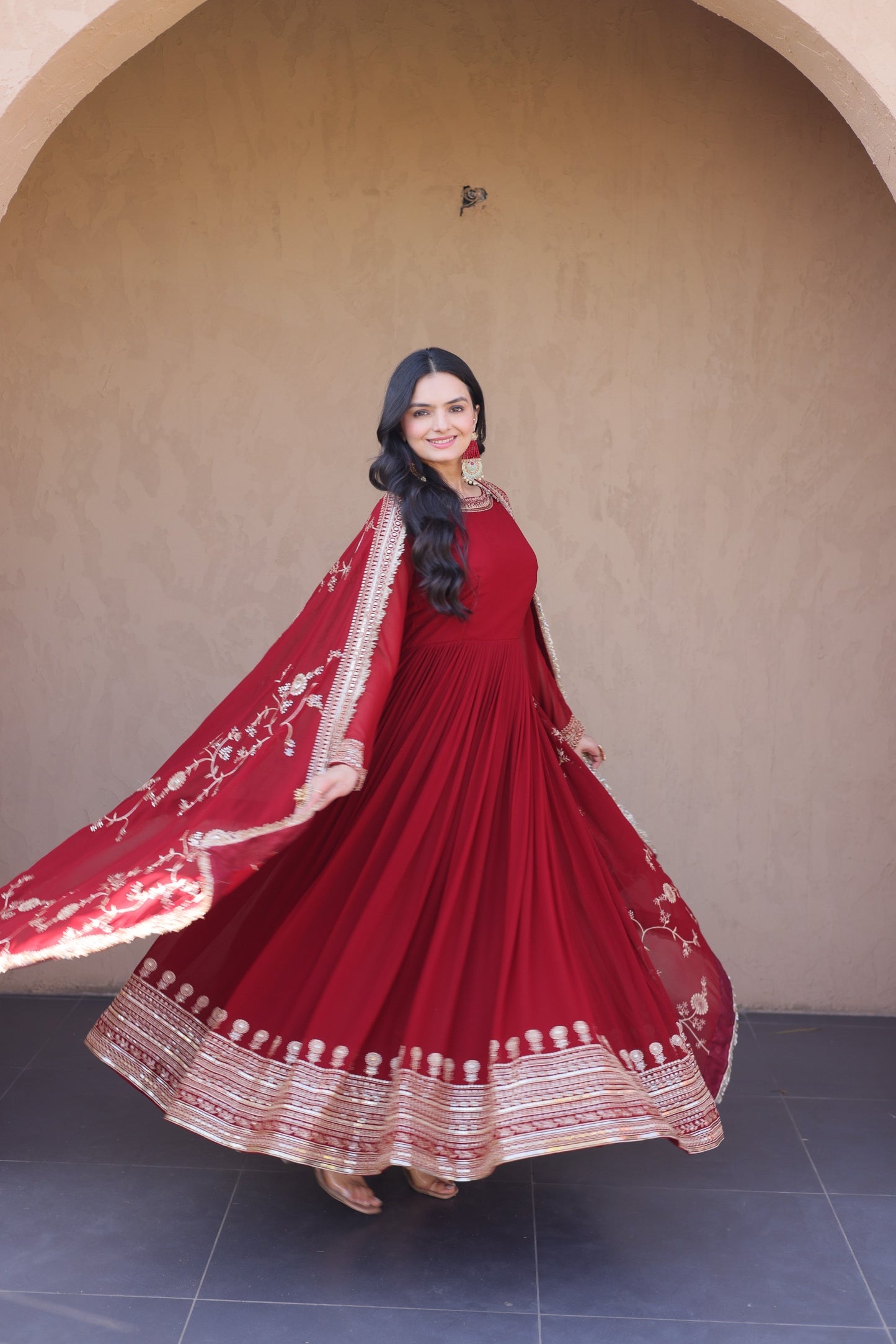 Deep Maroon Georgette Embroidered Festive Anarkali Gown