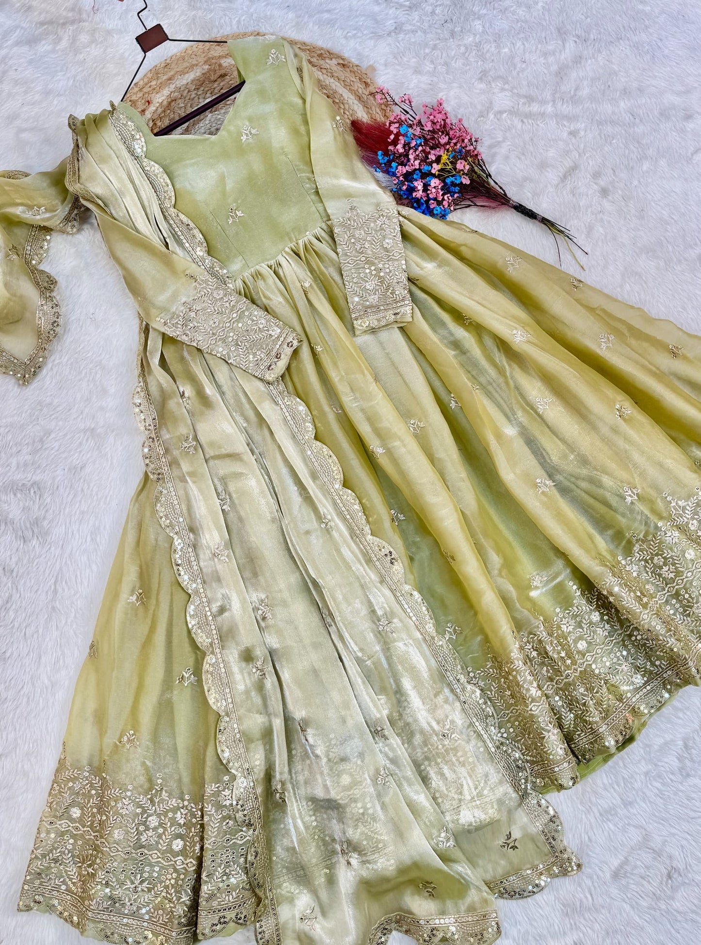 Elegant Fendi Silk Gown with Heavy Sequins & Zari Embroidery