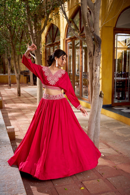 Vichitra Silk Co-ord Lehenga Set with Thread Embroidery & Stitched Blouse