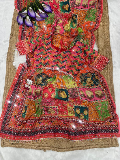 Stay beautiful with our new crepe silk digital print Saree with real mirror work