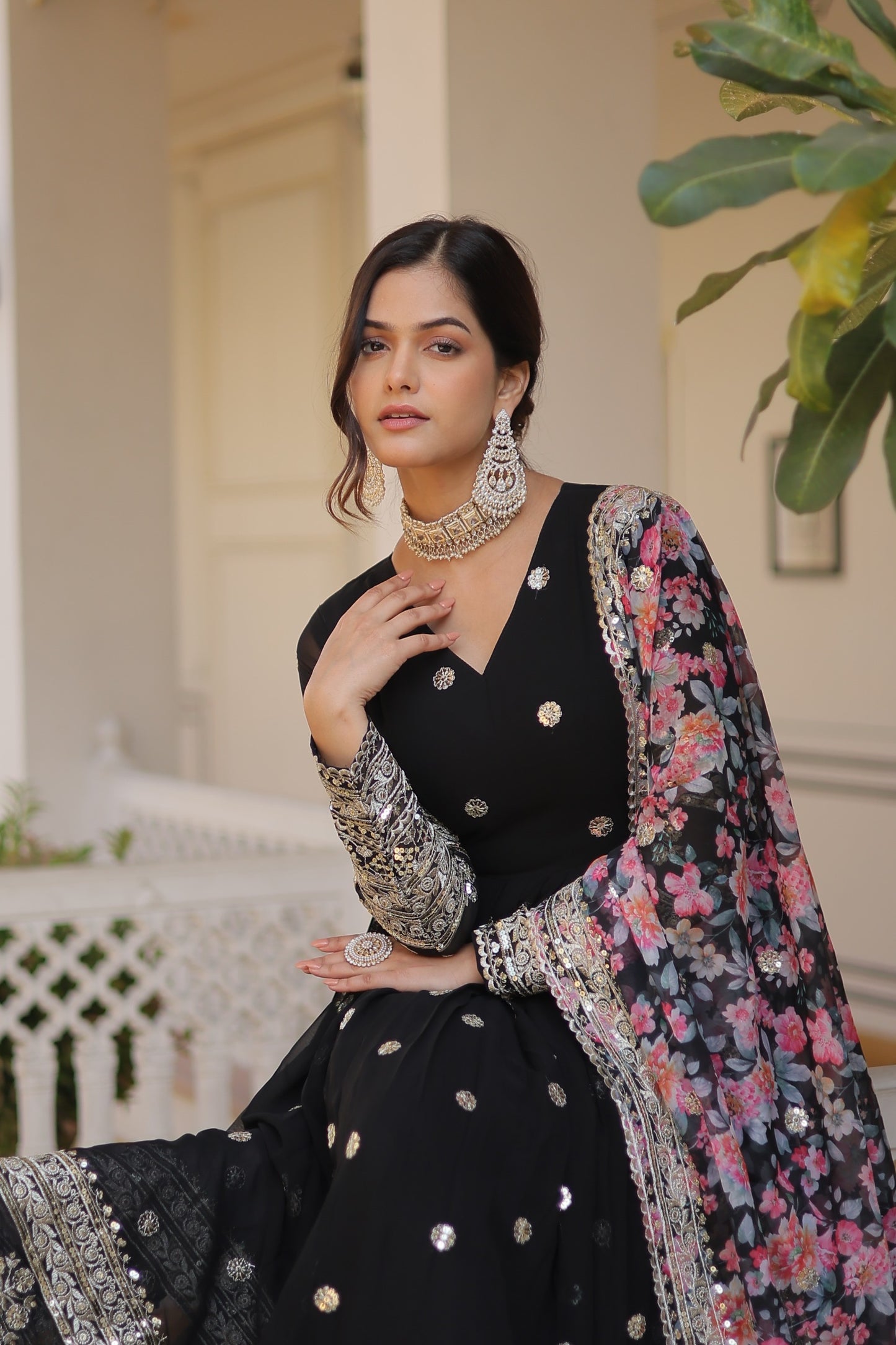 Floor-Length Anarkali gown with a vibrant Floral Dupatta