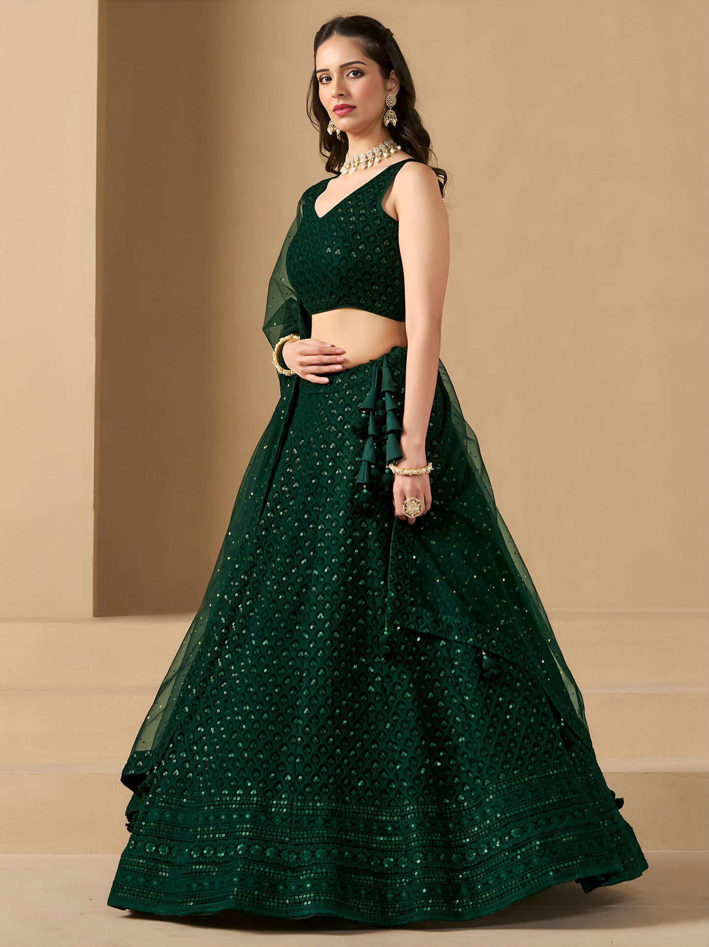 Turn heads in this captivating green georgette lehenga choli