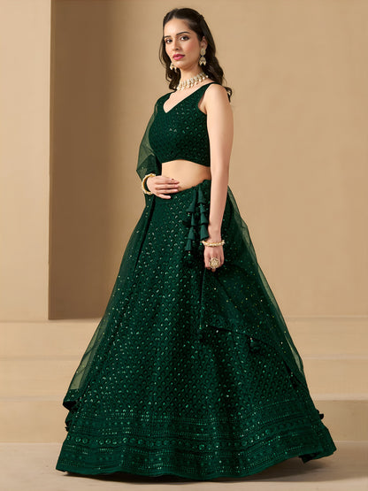 Turn heads in this captivating green georgette lehenga choli