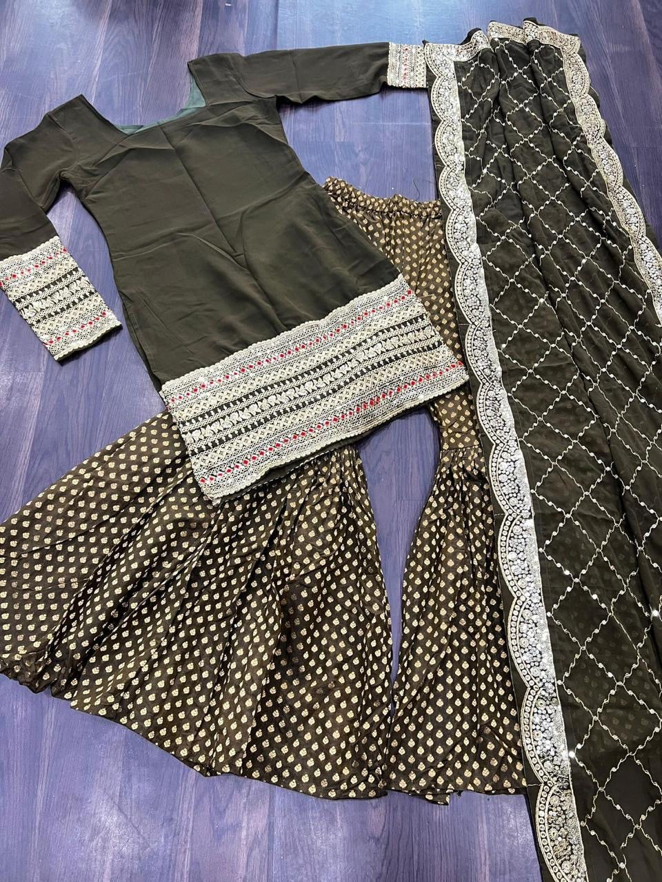 Premium Designer Sharara Set - Faux Georgette Embroidered Kurti with Dupatta