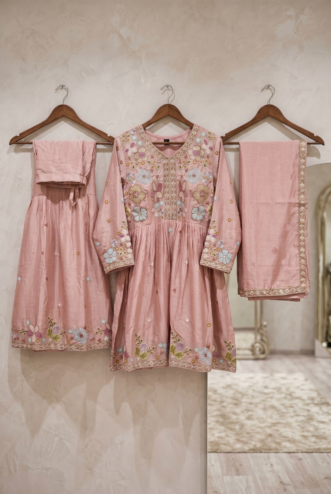Floral Embroidered Frock-Style Chinon Sharara Set with Dupatta