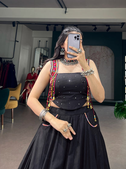 Midnight Black Mirror Work Lehenga Set with Embroidered Crop style top