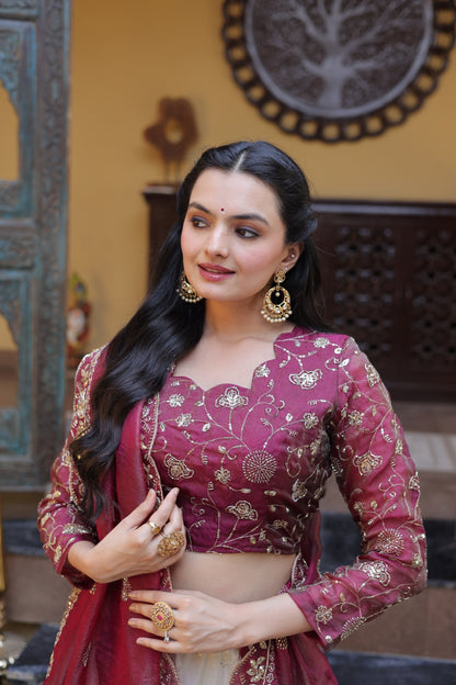 Floral Zari Work Ethnic Lehenga Choli with Scalloped Dupatta