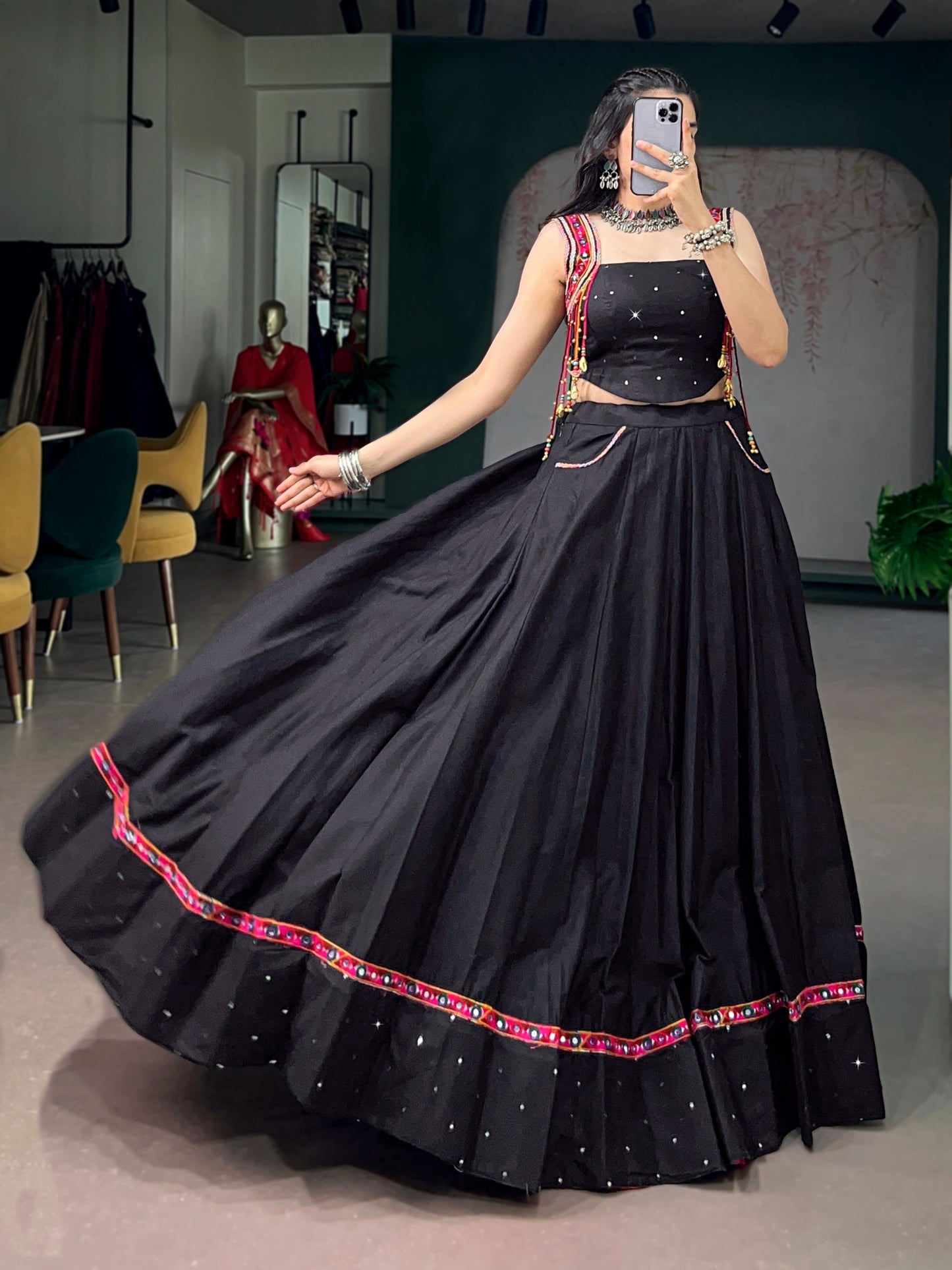 Midnight Black Mirror Work Lehenga Set with Embroidered Crop style top