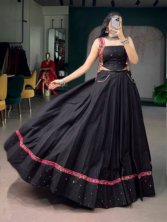 Midnight Black Mirror Work Lehenga Set with Embroidered Crop style top