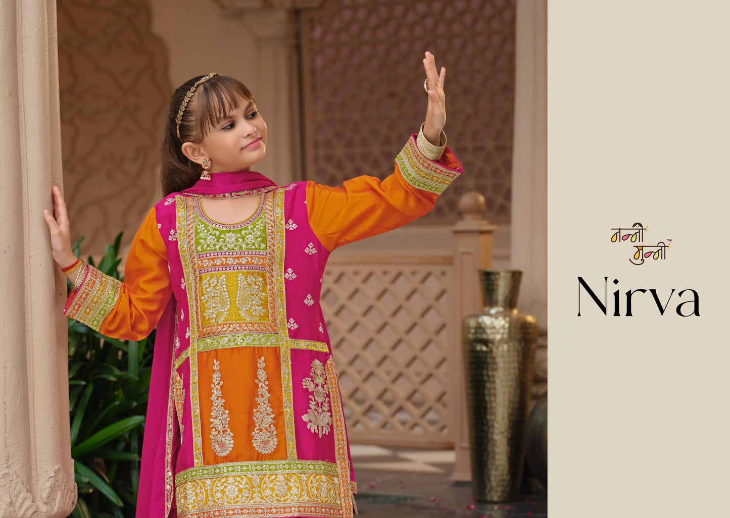 Nanni Munni Girls Traditional Orange-Pink Sharara Dress