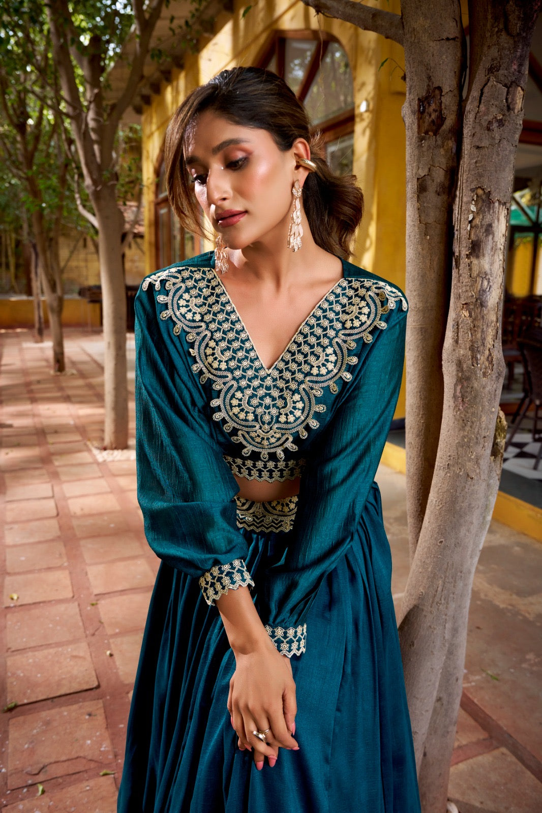 Vichitra Silk Co-ord Lehenga Set with Thread Embroidery & Stitched Blouse