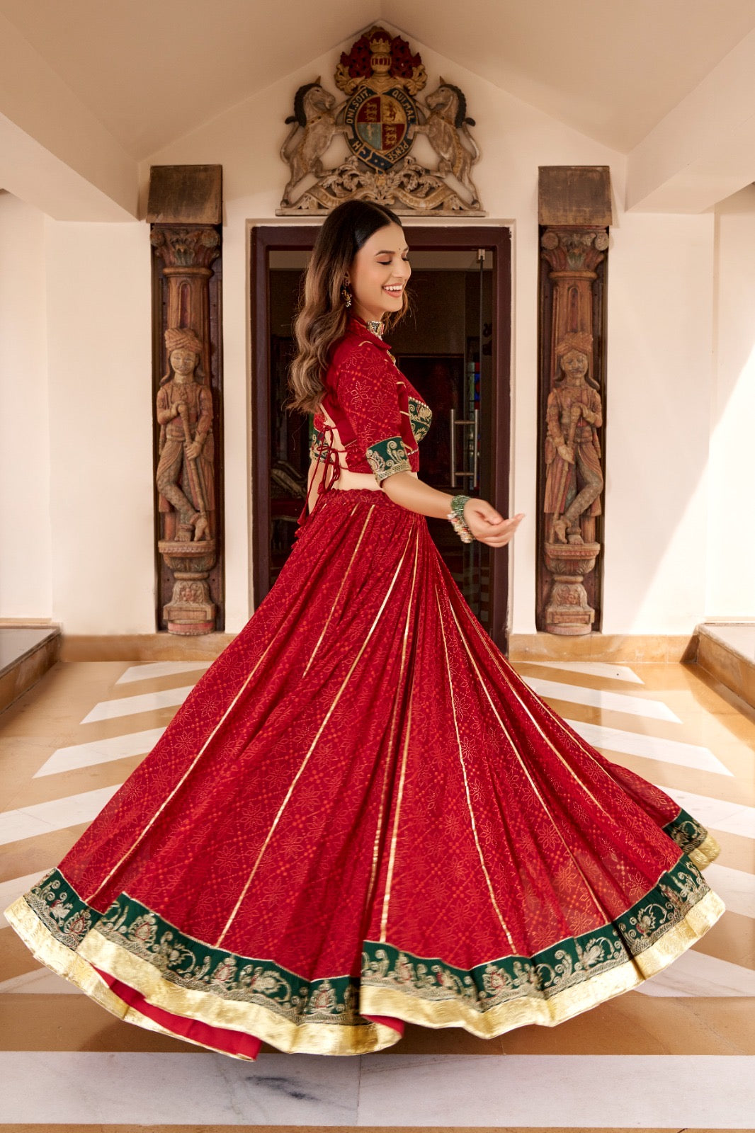 Crimson Red & Emerald Green Bandhani Print Navratri Special Designer Lehenga Choli