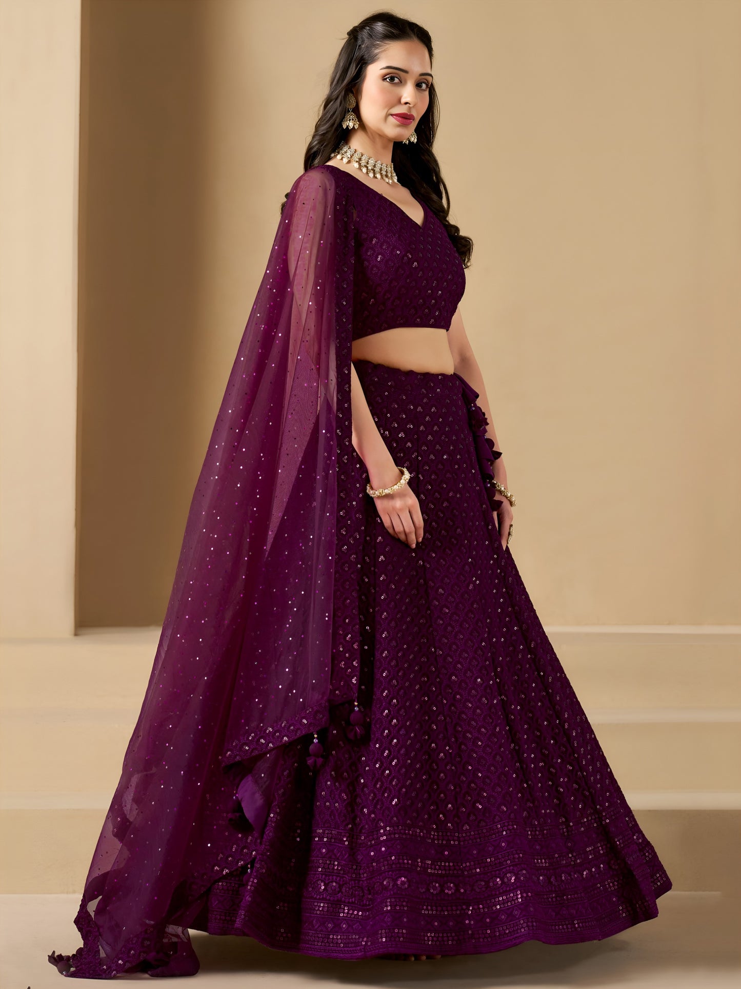 Bridesmaid Wine Georgette Lehenga Choli with Sequin & Resham Embroidery