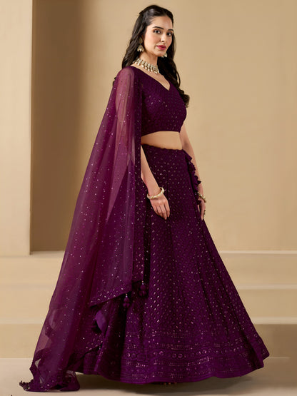 Bridesmaid Wine Georgette Lehenga Choli with Sequin & Resham Embroidery