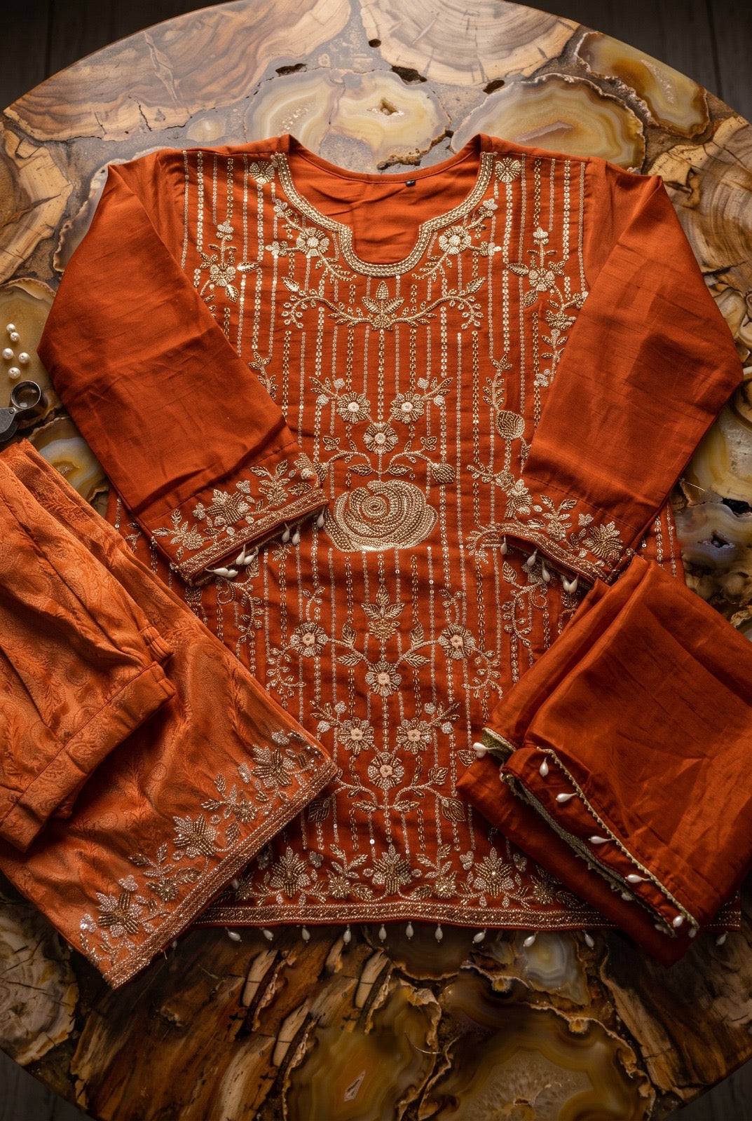 Rust Orange Silver-Thread Embroidered Short Kurti Suit Set
