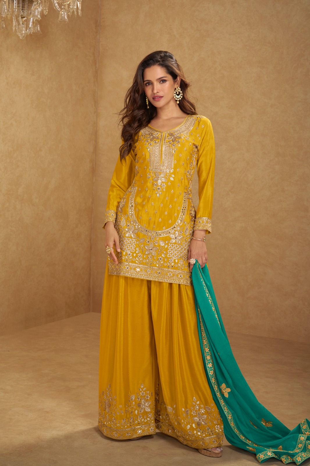 Heavy Zari Work Chinnon Plazo Suit with Contrast Dupatta