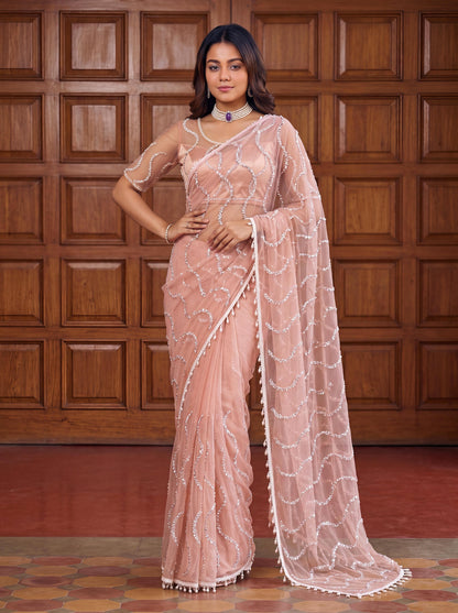 Designer handwork net saree with pearl tassles