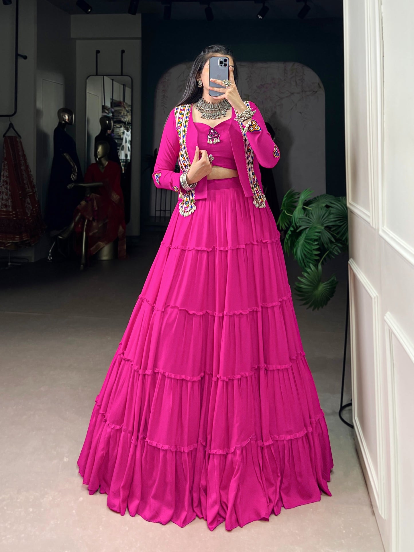 Navratri Special Georgette Flared Lehenga with Embroidered Koti Jacket