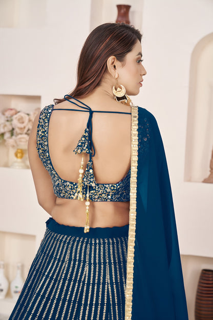 Stunning Blue Georgette Lehenga Choli with Zari & Sequin Embroidery
