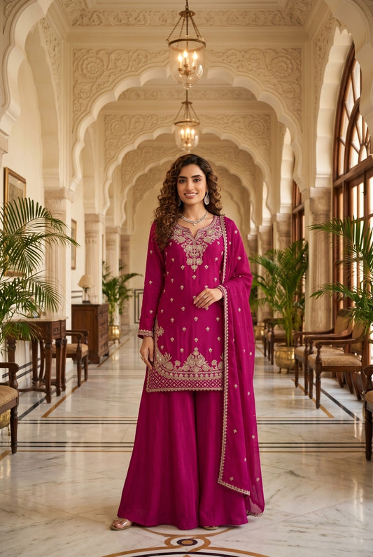 Premium Chinon plazo Suit with Intricate beads work