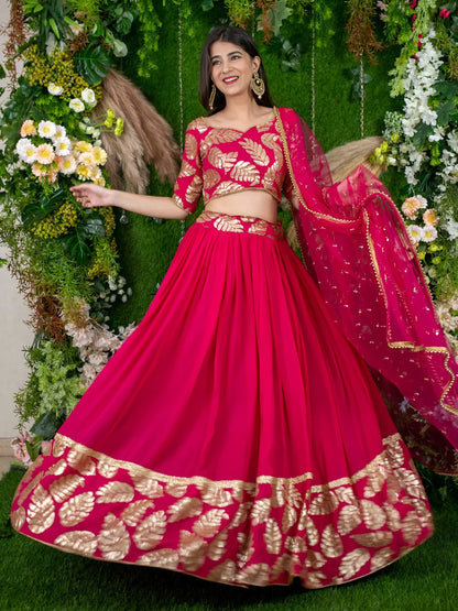 Hot Pink Designer Lehenga with Golden Leaf Embroidery