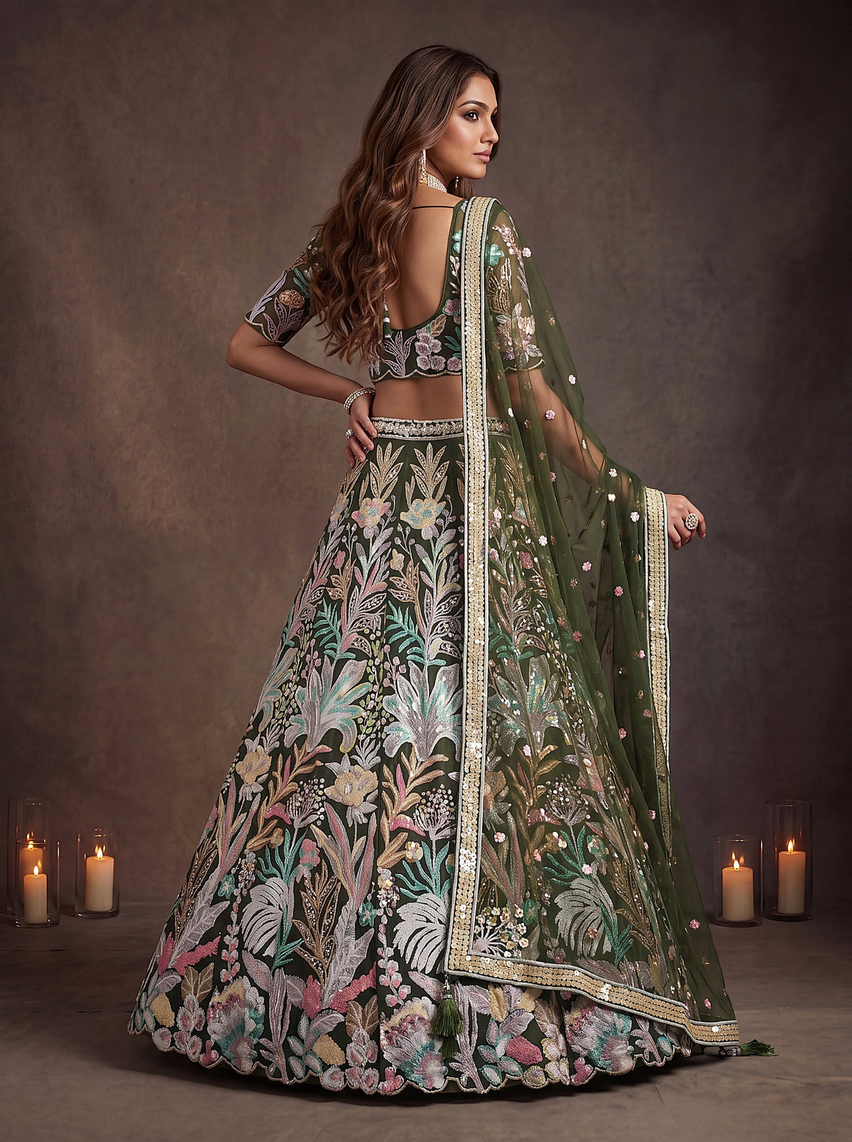 Botanical Floral Embroidered Lehenga Choli with Net Dupatta