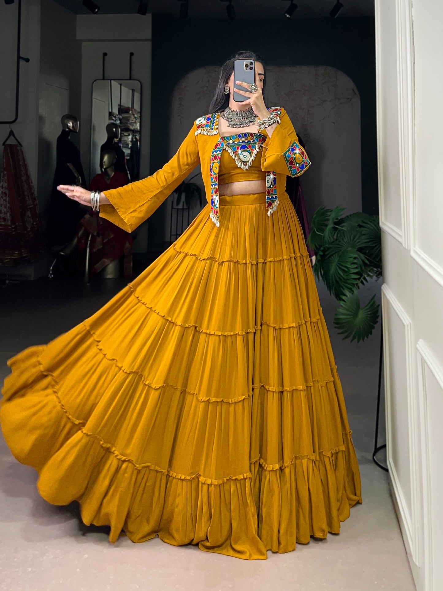 Navratri Special Georgette Flared Lehenga with Embroidered Koti Jacket