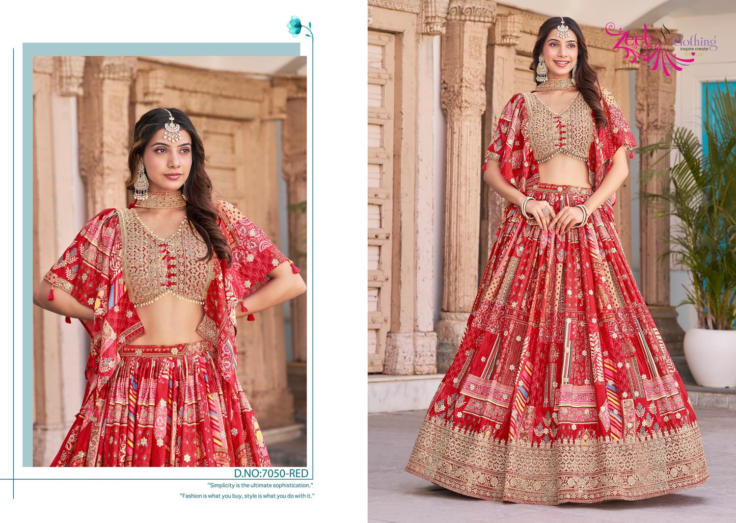 Voluminous printed lehenga paired with matching patterned cape-style dupatta
