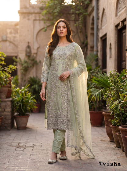 Intricate Silver Threadwork Soft Net Ethnic Suit