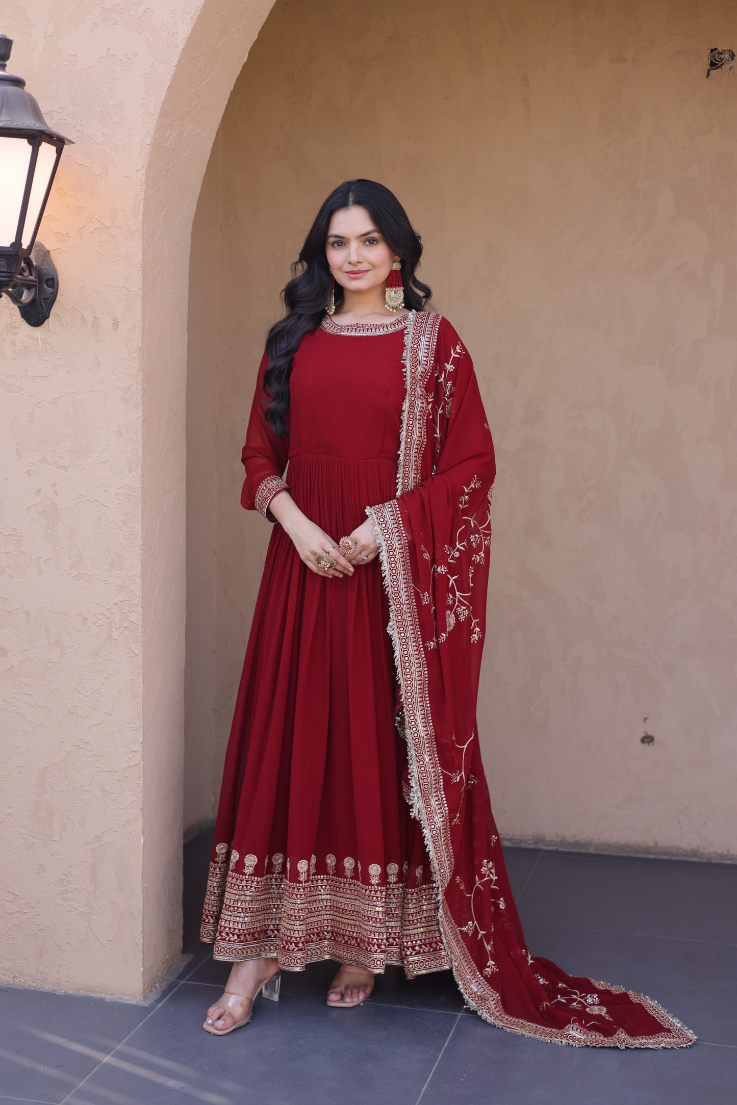 Deep Maroon Georgette Embroidered Festive Anarkali Gown