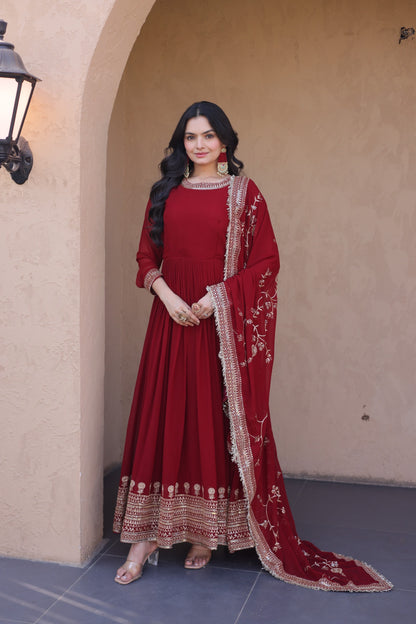 Deep Maroon Georgette Embroidered Festive Anarkali Gown