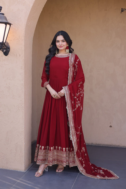 Deep Maroon Georgette Embroidered Festive Anarkali Gown
