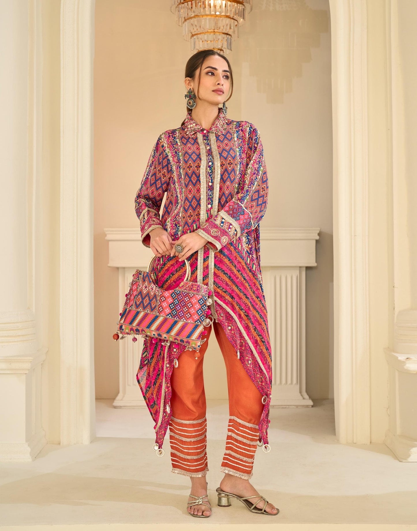 Multi-Color Geometric Print High-Low Tunic with Embellished Trousers with handbag