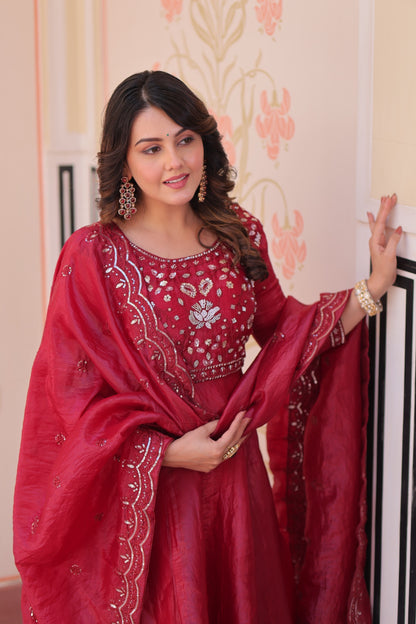 Anarkali Flared Gown with Gold Crush Fabric & Beads Embroidery