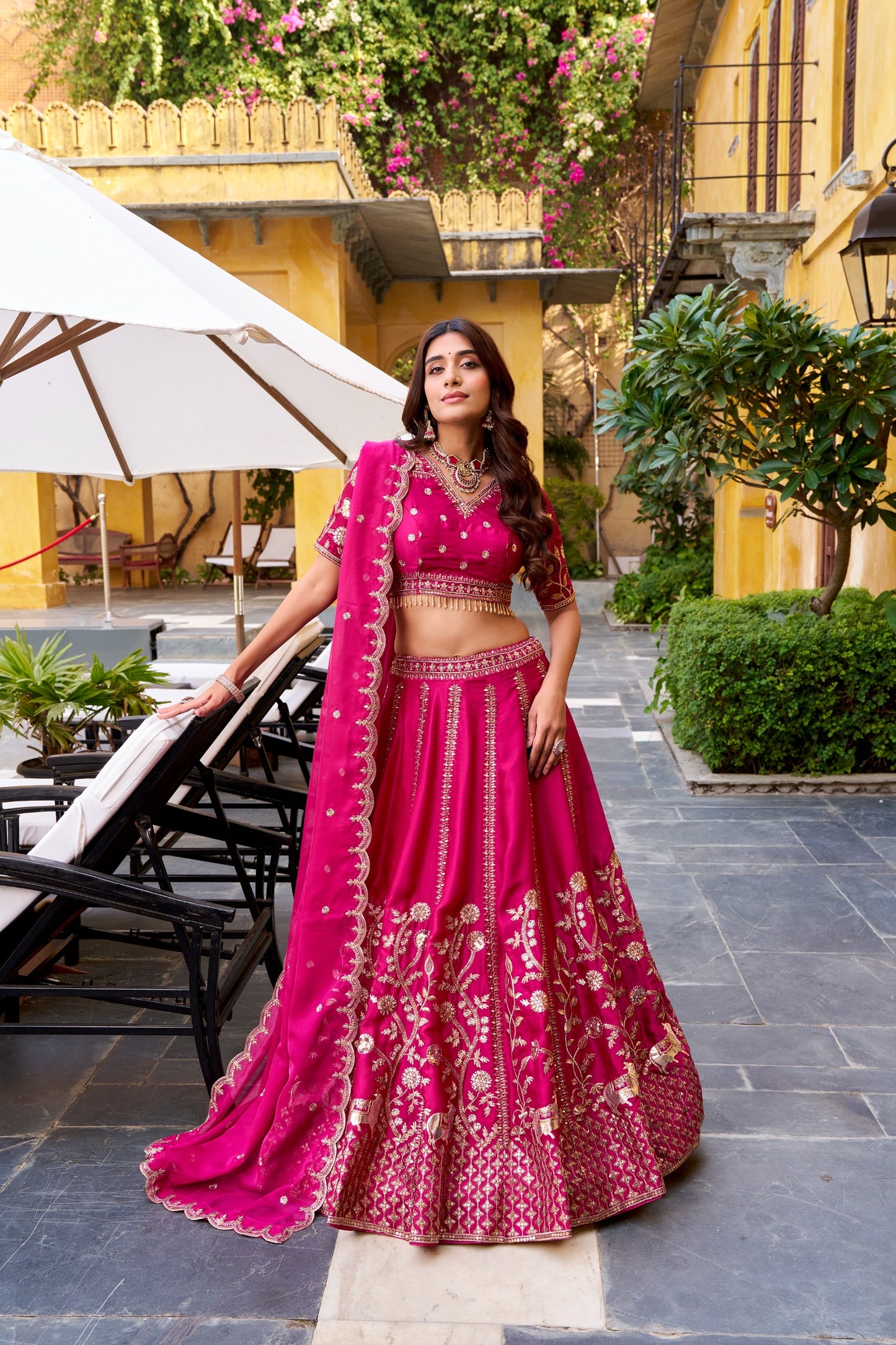 Natural Silk Lehenga Choli with Golden Sequin & Thread Embroidery