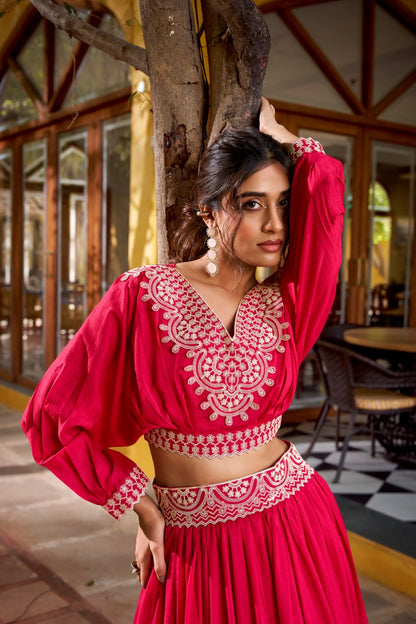 Vichitra Silk Co-ord Lehenga Set with Thread Embroidery & Stitched Blouse