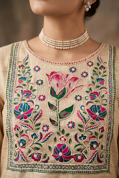 Elegant Banarsi Cotton Kurta Set with Hand Work