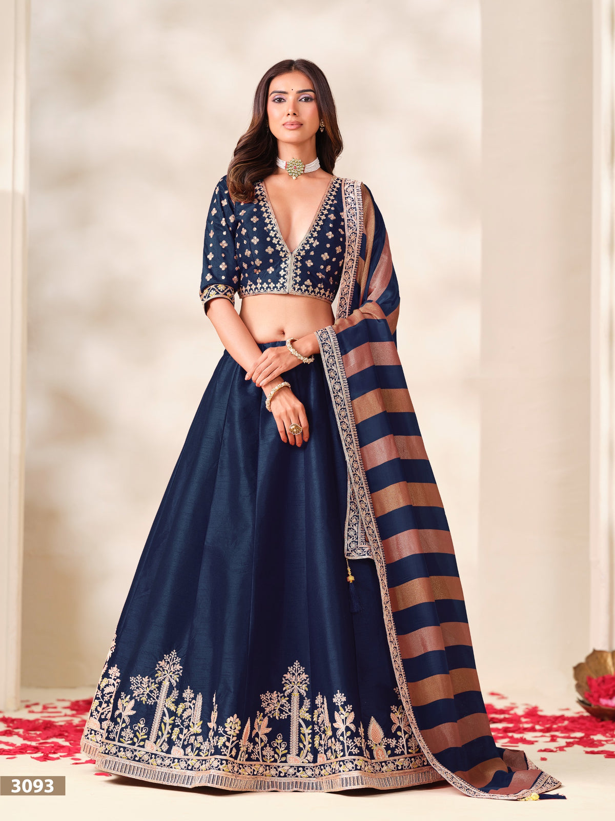 Embroidered Art Silk Lehenga Set with Gold-Striped Dupatta