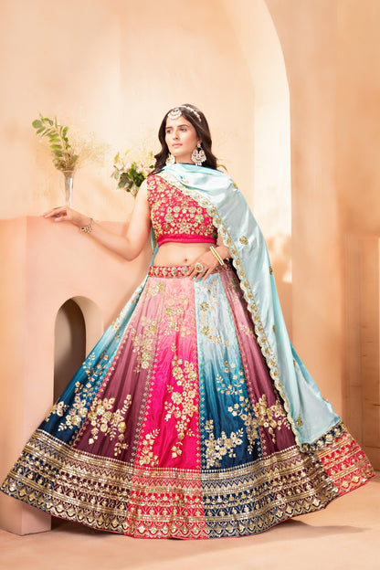 Vibrant multi colored lehenga with intricate silver embroidery