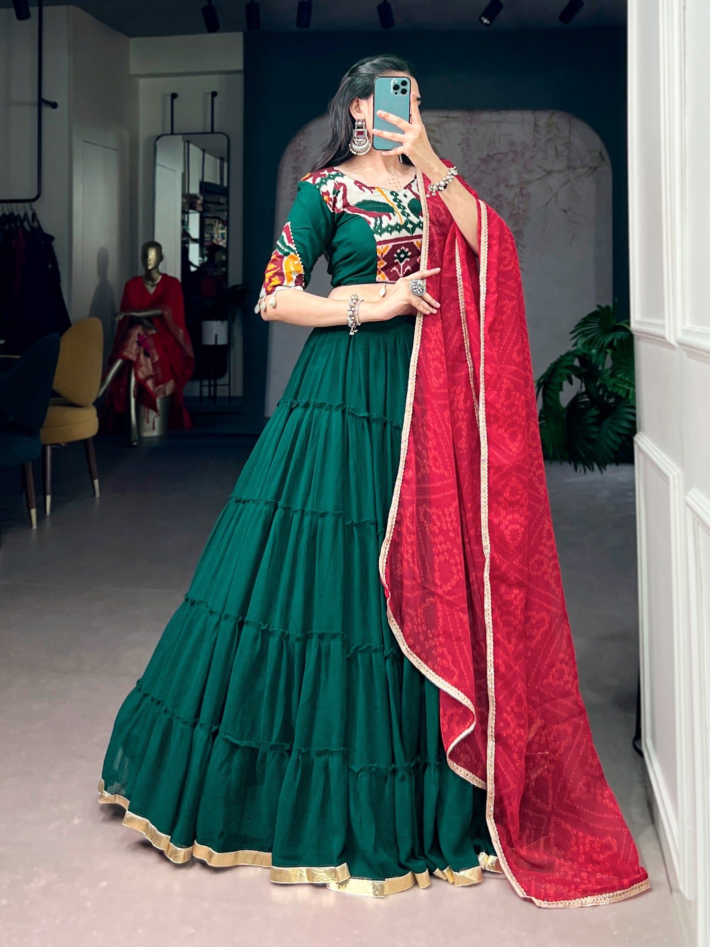 Navratri Special Bottle Green Marble Lehenga Choli with Red Bandhani Dupatta